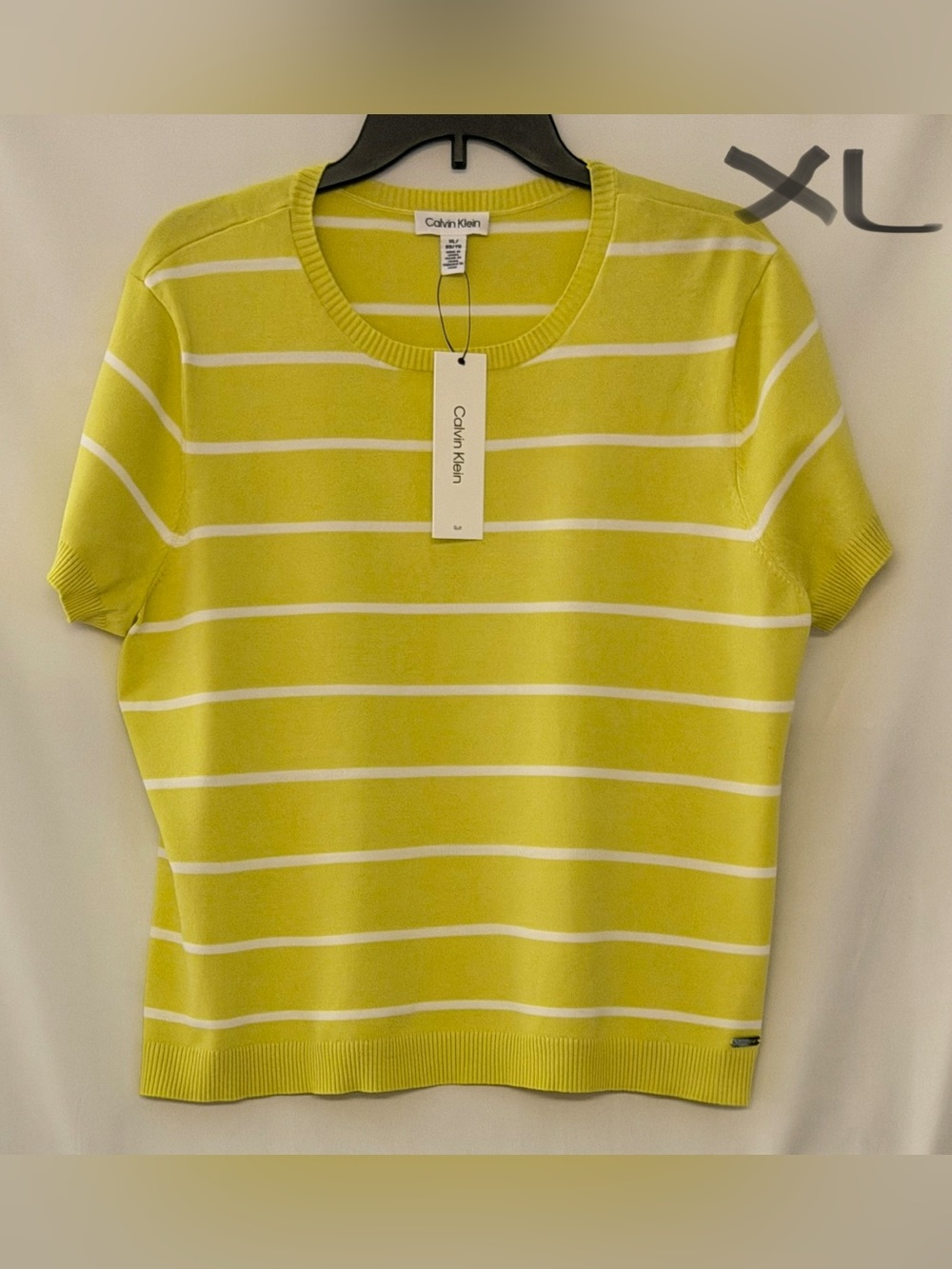 Calvin Klein Yellow & White Striped Short Sleeve Knit Top